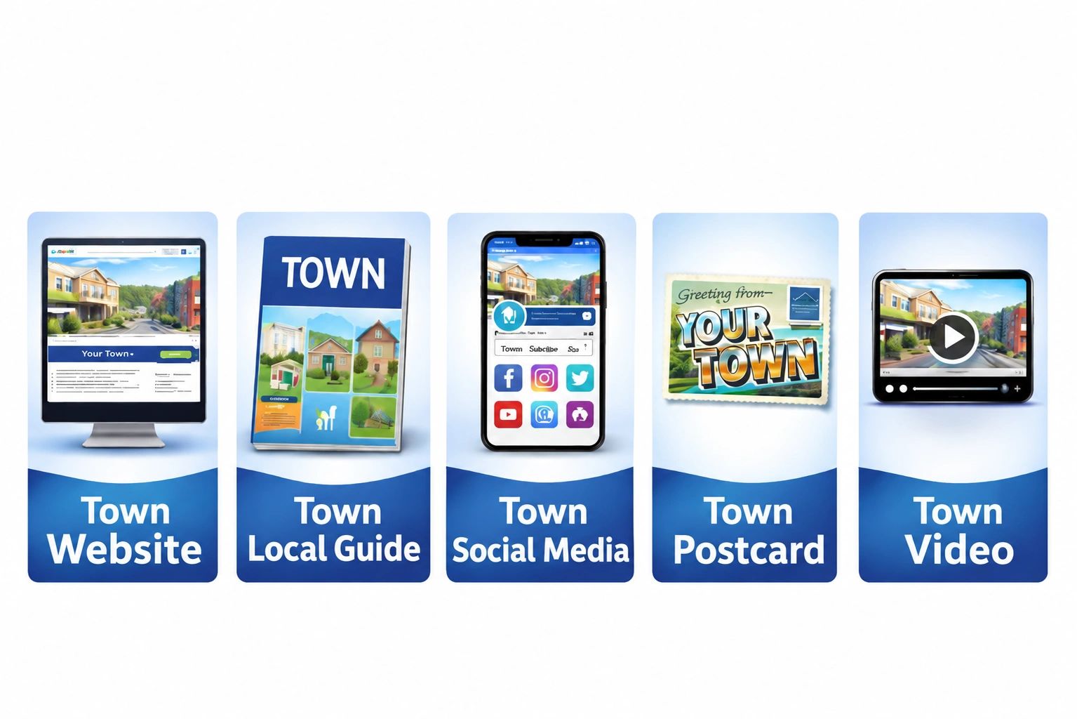 Surf Your Town marketing tools: town website, local guide, social media, postcard, and video advertising